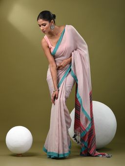 CHARUKRITI - Women Lavender Pure Cotton Solid Saree with Unstitched Blouse