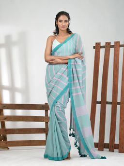 CHARUKRITI - Women Green Pure Cotton Stripes Saree with Unstitched Blouse