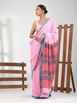 CHARUKRITI - Women Pink Pure Cotton Solid Saree with Unstitched Blouse
