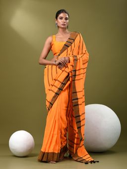 CHARUKRITI - Women Orange Pure Cotton Stripes Saree with Unstitched Blouse