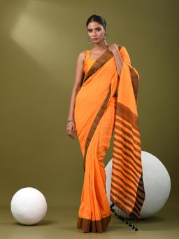 CHARUKRITI - Women Orange Pure Cotton Solid Saree with Unstitched Blouse