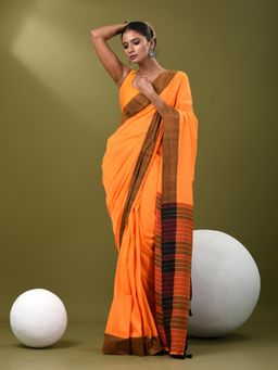 CHARUKRITI - Women Orange Pure Cotton Solid Saree with Unstitched Blouse