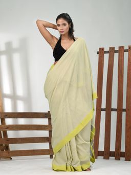 CHARUKRITI - Women Green Pure Cotton Solid Saree with Unstitched Blouse