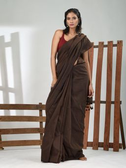 CHARUKRITI - Women Brown Pure Cotton Solid Saree with Unstitched Blouse