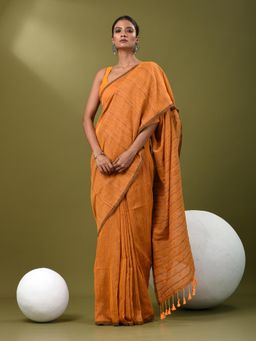 CHARUKRITI - Women Mustard Pure Cotton Stripes Saree with Unstitched Blouse