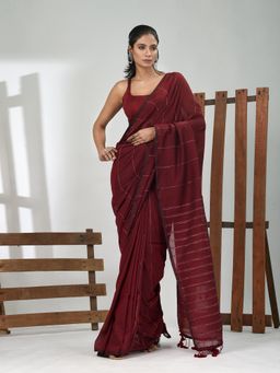 CHARUKRITI - Women Maroon Pure Cotton Stripes Saree with Unstitched Blouse