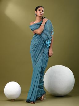 CHARUKRITI - Women Blue Pure Cotton Stripes Saree with Unstitched Blouse