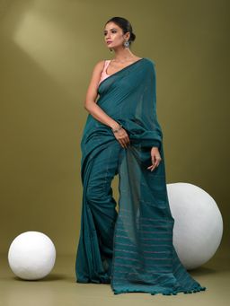 CHARUKRITI - Women Teal Pure Cotton Stripes Saree with Unstitched Blouse