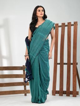CHARUKRITI - Women Teal Pure Cotton Stripes Saree with Unstitched Blouse