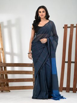CHARUKRITI - Women Blue Pure Cotton Stripes Saree with Unstitched Blouse