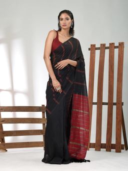 CHARUKRITI - Women Black Pure Cotton Stripes Saree with Unstitched Blouse