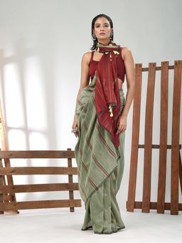 CHARUKRITI - Women Green Pure Cotton Stripes Saree with Unstitched Blouse