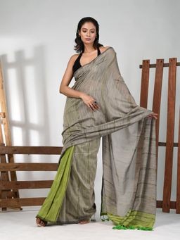 CHARUKRITI - Women Grey Pure Cotton Stripes Saree with Unstitched Blouse
