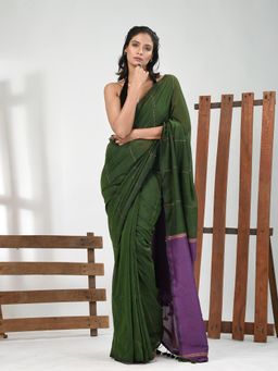 CHARUKRITI - Women Green Pure Cotton Stripes Saree with Unstitched Blouse