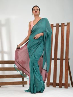 CHARUKRITI - Women Green Pure Cotton Stripes Saree with Unstitched Blouse