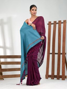 CHARUKRITI - Women Magenta Pure Cotton Stripes Saree with Unstitched Blouse