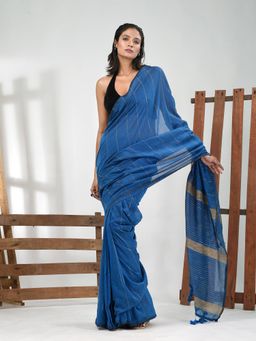 CHARUKRITI - Women Blue Pure Cotton Stripes Saree with Unstitched Blouse