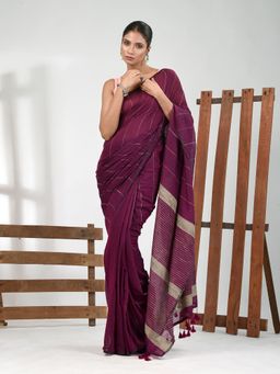 CHARUKRITI - Women Magenta Pure Cotton Stripes Saree with Unstitched Blouse