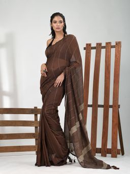 CHARUKRITI - Women Brown Pure Cotton Stripes Saree with Unstitched Blouse