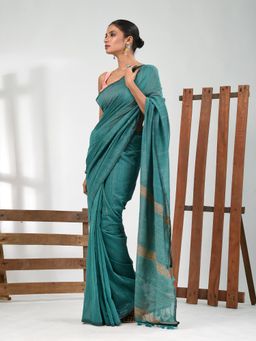 CHARUKRITI - Women Blue Pure Cotton Stripes Saree with Unstitched Blouse