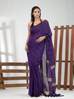 CHARUKRITI - Women Purple Pure Cotton Stripes Saree with Unstitched Blouse