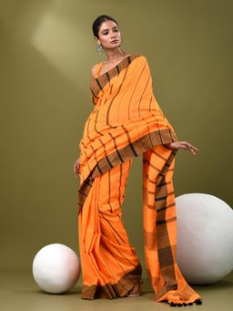 CHARUKRITI - Women Orange Pure Cotton Stripes Saree with Unstitched Blouse