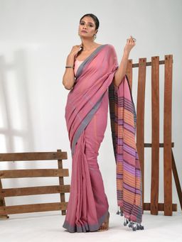CHARUKRITI - Women Pink Pure Cotton Stripes Saree with Unstitched Blouse