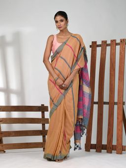 CHARUKRITI - Women Peach Pure Cotton Stripes Saree with Unstitched Blouse