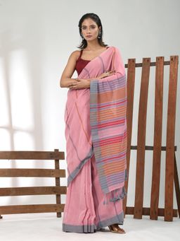 CHARUKRITI - Women Pink Pure Cotton Stripes Saree with Unstitched Blouse