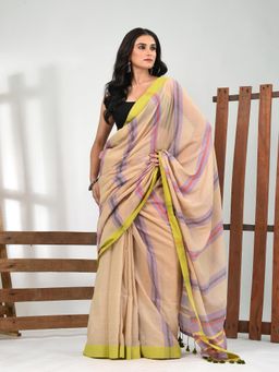 CHARUKRITI - Women Beige Pure Cotton Stripes Saree with Unstitched Blouse