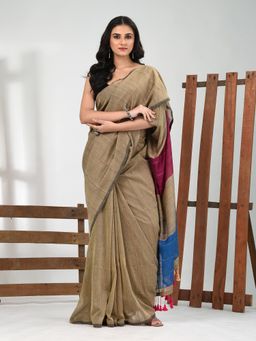 CHARUKRITI - Women Beige Pure Cotton Stripes Saree with Unstitched Blouse