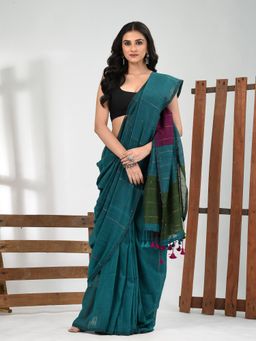 CHARUKRITI - Women Teal Pure Cotton Stripes Saree with Unstitched Blouse