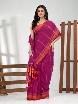 CHARUKRITI - Women Magenta Pure Cotton Stripes Saree with Unstitched Blouse
