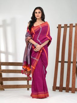 CHARUKRITI - Women Magenta Pure Cotton Stripes Saree with Unstitched Blouse