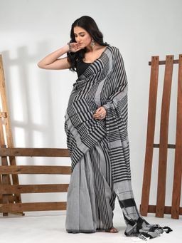 CHARUKRITI - Women Grey Pure Cotton Stripes Saree with Unstitched Blouse