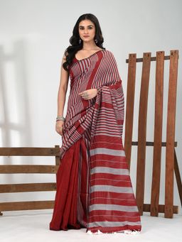CHARUKRITI - Women Red Pure Cotton Stripes Saree with Unstitched Blouse