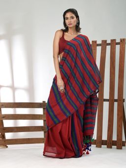 CHARUKRITI - Women Red Pure Cotton Stripes Saree with Unstitched Blouse