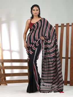 CHARUKRITI - Women Black Pure Cotton Stripes Saree with Unstitched Blouse