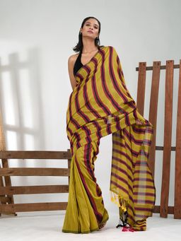 CHARUKRITI - Women Yellow Pure Cotton Stripes Saree with Unstitched Blouse