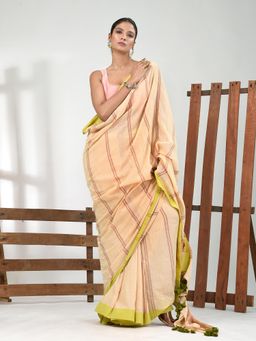 CHARUKRITI - Women Beige Pure Cotton Stripes Saree with Unstitched Blouse