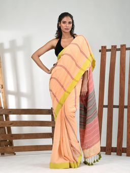 CHARUKRITI - Women Cream Pure Cotton Stripes Saree with Unstitched Blouse