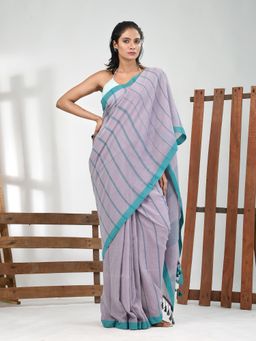 CHARUKRITI - Women Grey Pure Cotton Stripes Saree with Unstitched Blouse