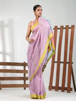 CHARUKRITI - Women Purple Pure Cotton Stripes Saree with Unstitched Blouse