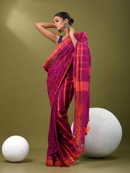 CHARUKRITI - Women Magenta Pure Cotton Stripes Saree with Unstitched Blouse
