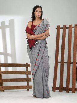 CHARUKRITI - Women Grey Pure Cotton Solid Saree with Unstitched Blouse