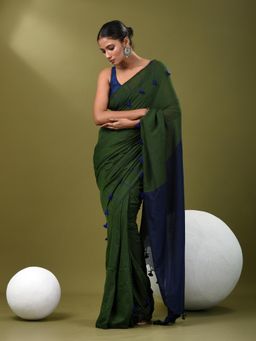 CHARUKRITI - Women Green Pure Cotton Solid Saree with Unstitched Blouse