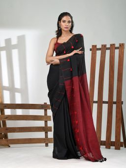 CHARUKRITI - Women Black Pure Cotton Solid Saree with Unstitched Blouse