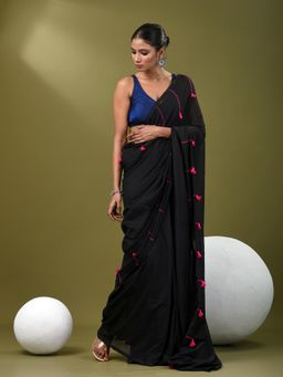 CHARUKRITI - Women Black Pure Cotton Solid Saree with Unstitched Blouse