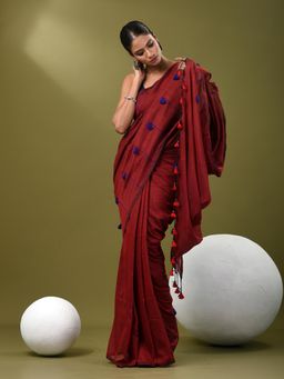 CHARUKRITI - Women Red Pure Cotton Solid Saree with Unstitched Blouse