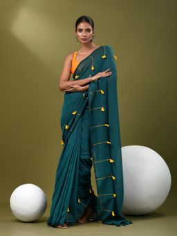 CHARUKRITI - Women Teal Pure Cotton Solid Saree with Unstitched Blouse